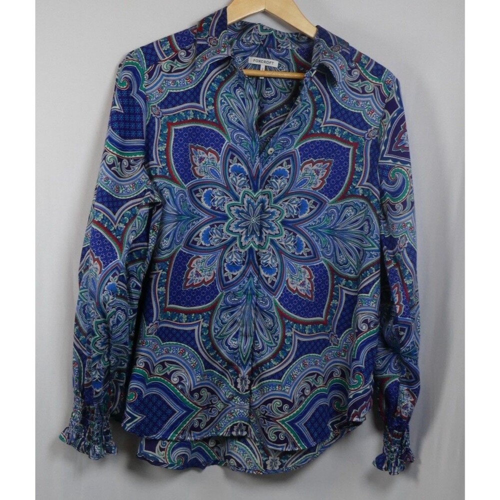 Foxcroft Womens L 100% Cotton Paisley Preppy Blouse Smocked Cuff Blue Green Red